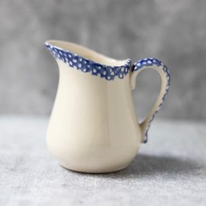 White cream spatter blue polka dot border vintage ironstone pitcher creamer 4.5"